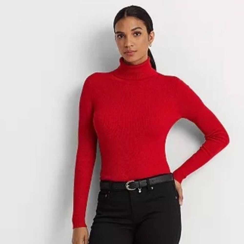 Lauren Ralph Lauren Women's Ribbed Turtleneck Sweater Festive Red Size L